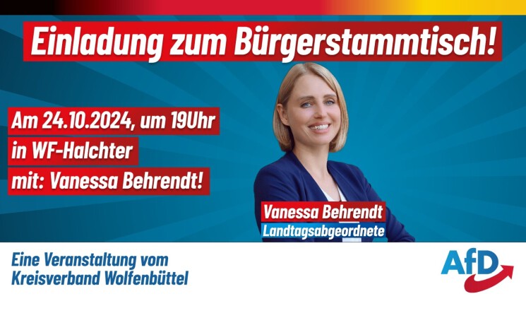 AfD- Bürgerstammtisch im Oktober. Zu Gast: MdL Vanessa Behrendt