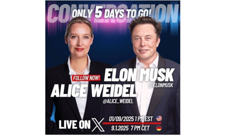 Alice Weidel auf X: Am 9. Januar ab 19 Uhr findet der angekündigte Space mit Elon Musk und mir auf X statt